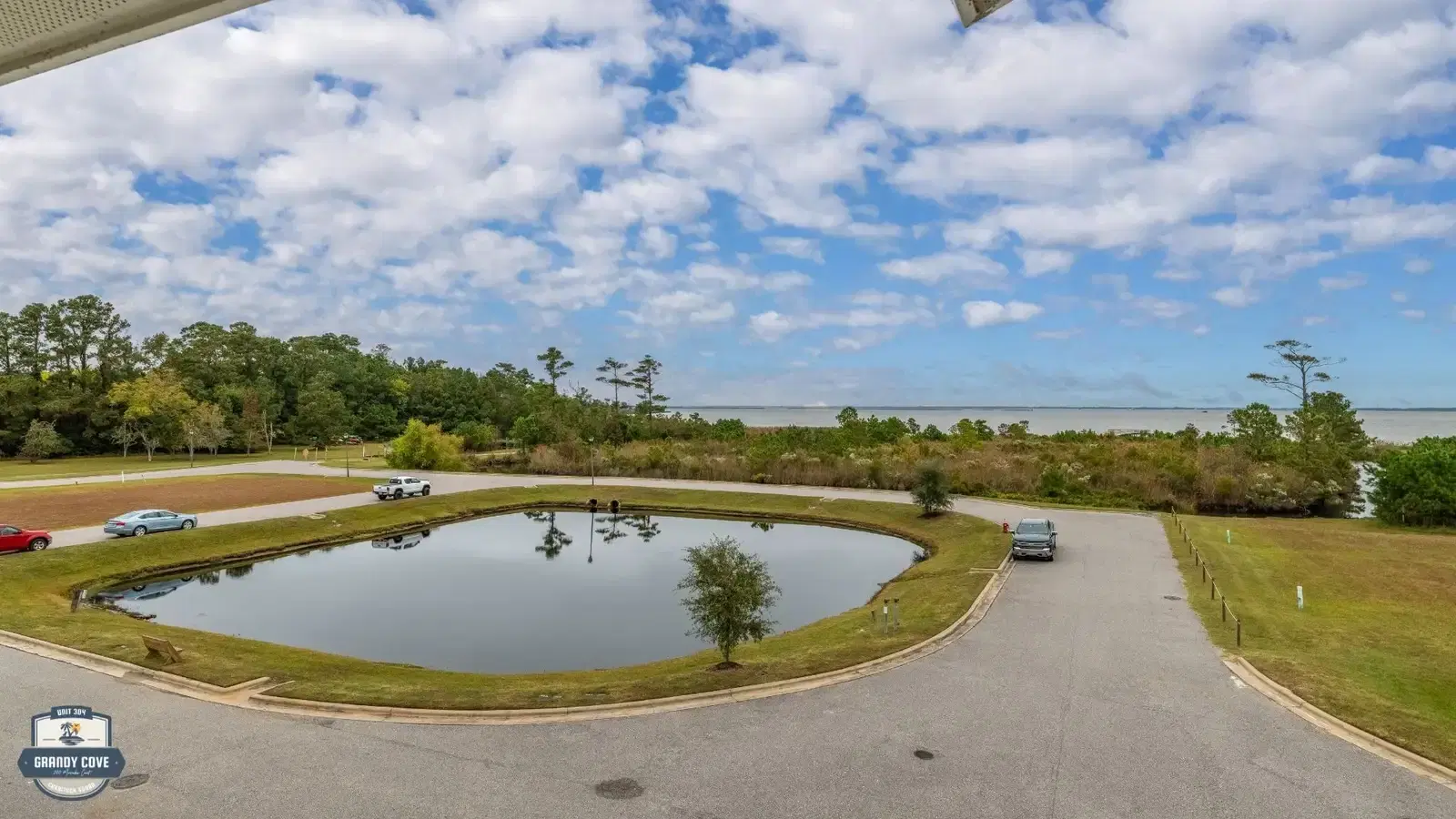 Grandy Cove aerial view — pond and Currituck Sound waterfront access