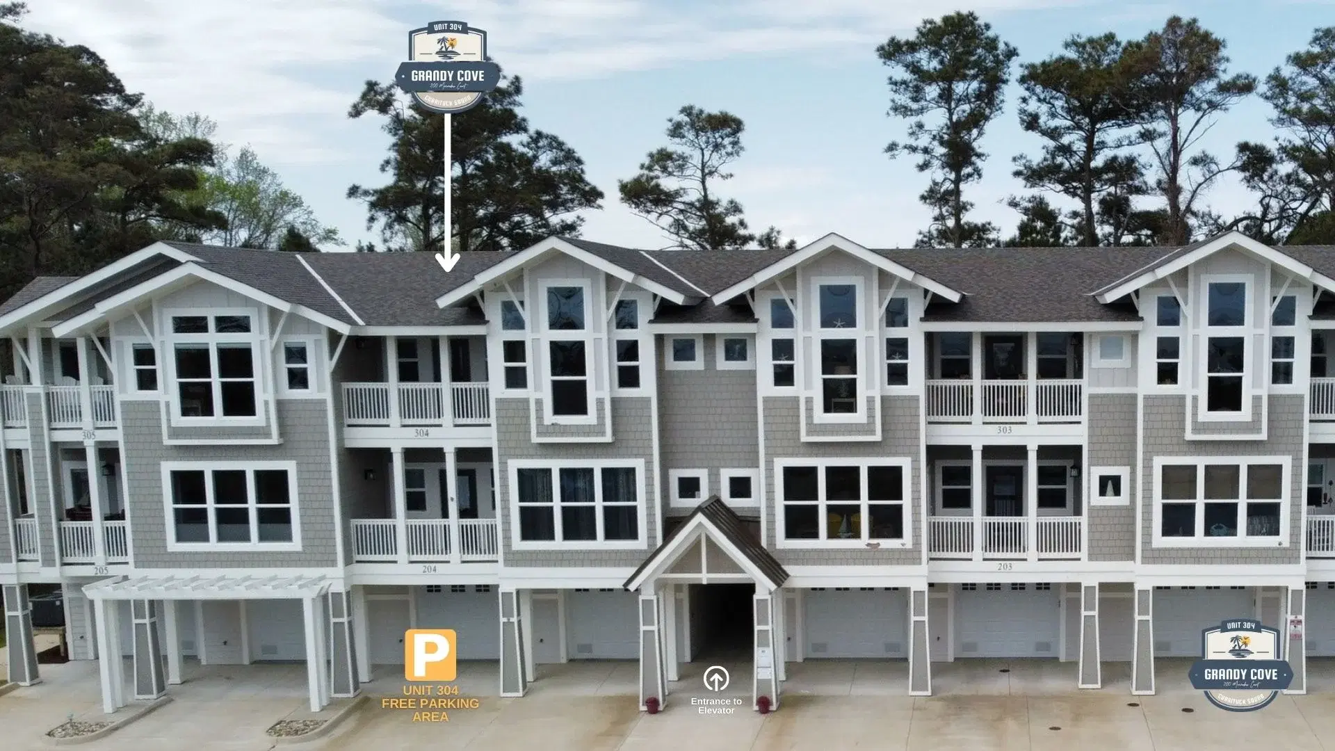 Grandy Cove exterior — multi-story waterfront home
